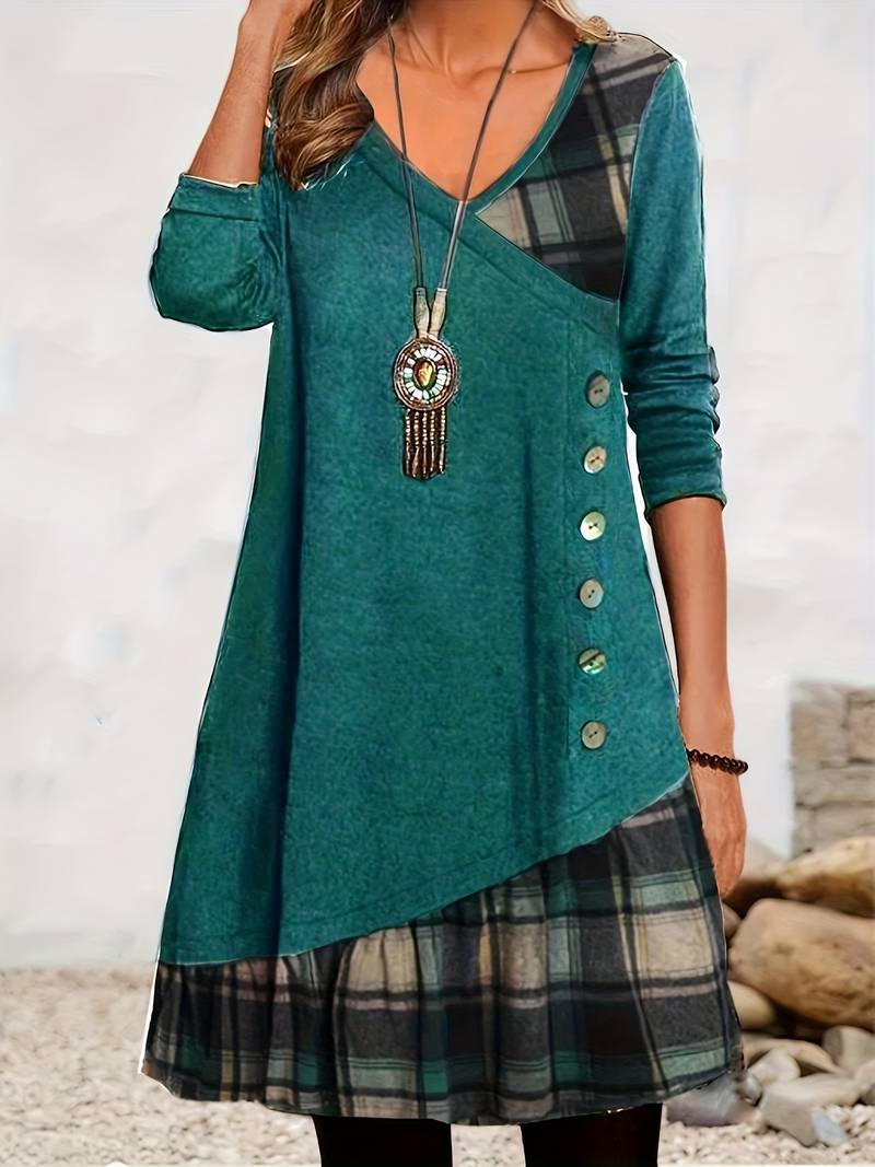 Alinor - Abito Casual a Maniche Lunghe Con Patchwork a Quadri