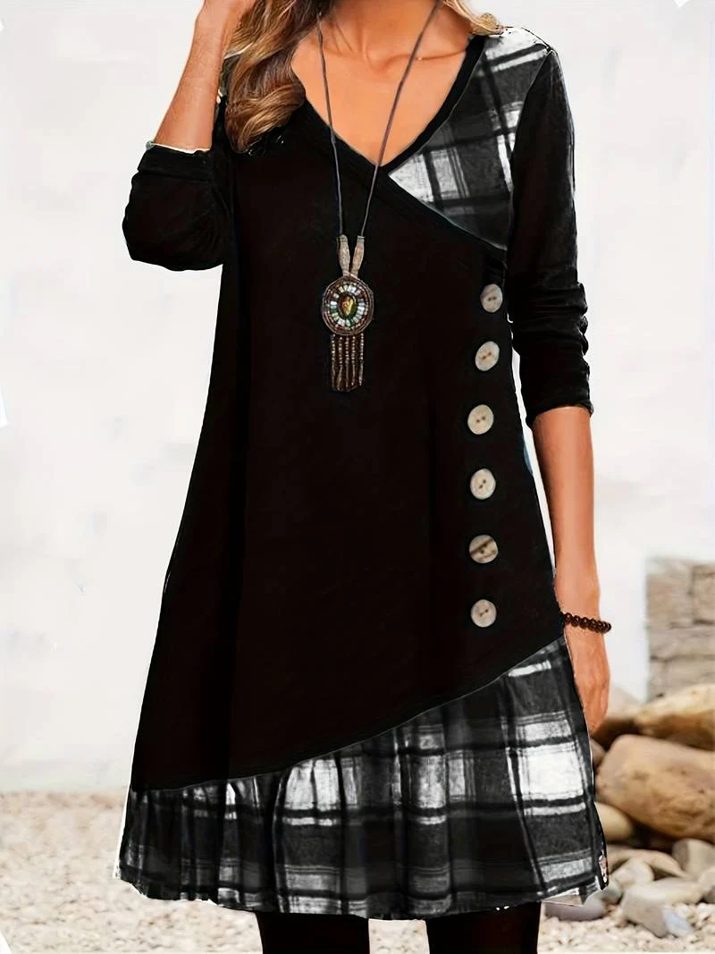 Alinor - Abito Casual a Maniche Lunghe Con Patchwork a Quadri - Image 2