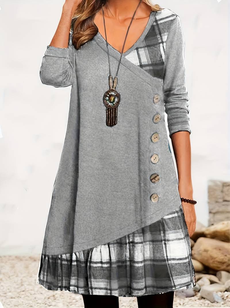 Alinor - Abito Casual a Maniche Lunghe Con Patchwork a Quadri - Image 3