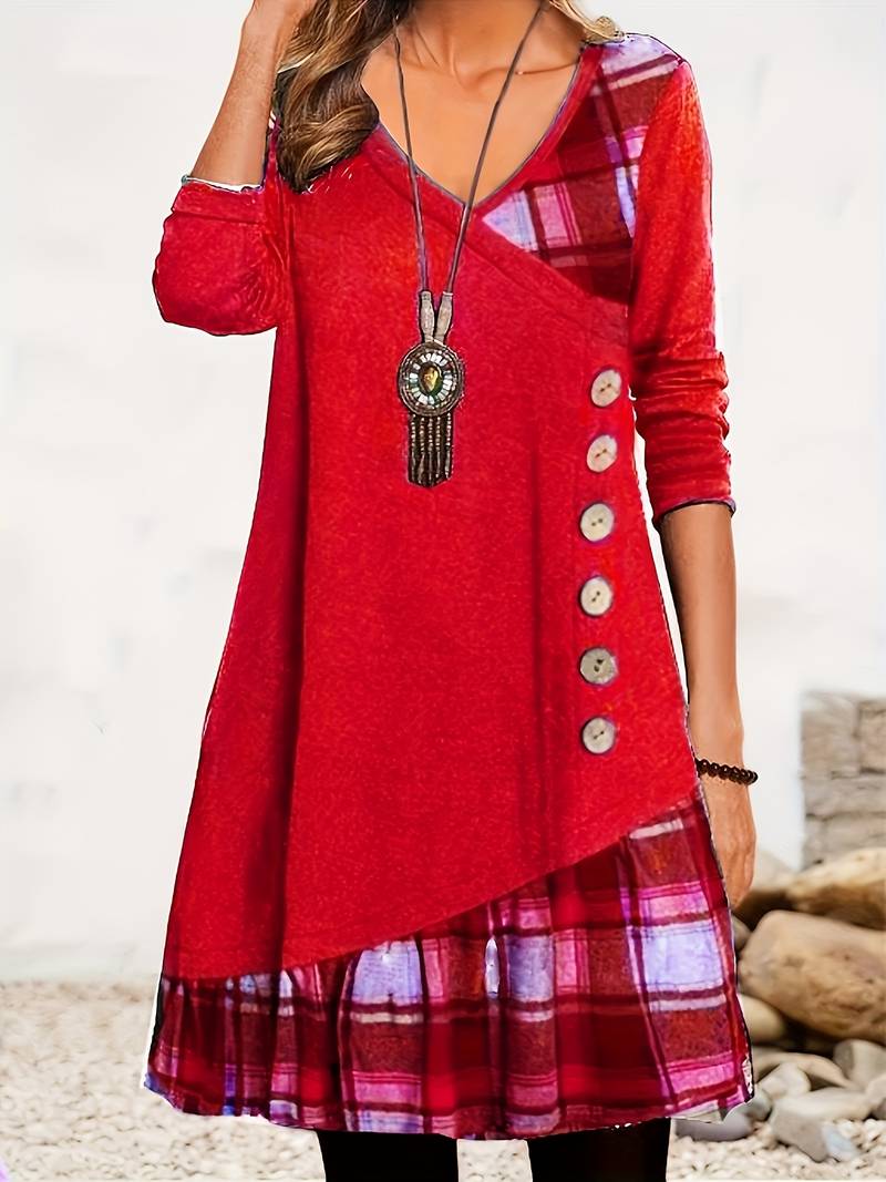 Alinor - Abito Casual a Maniche Lunghe Con Patchwork a Quadri - Image 4