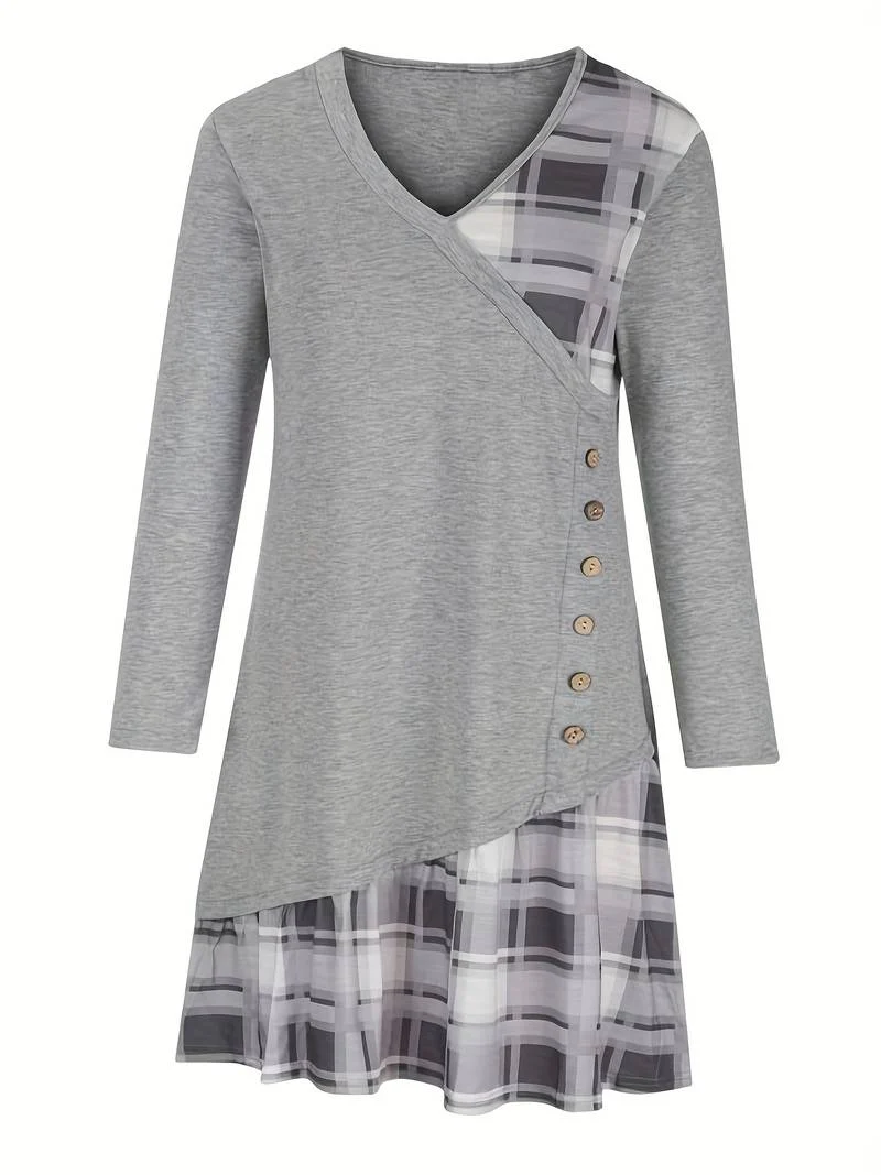 Alinor - Abito Casual a Maniche Lunghe Con Patchwork a Quadri - Image 9