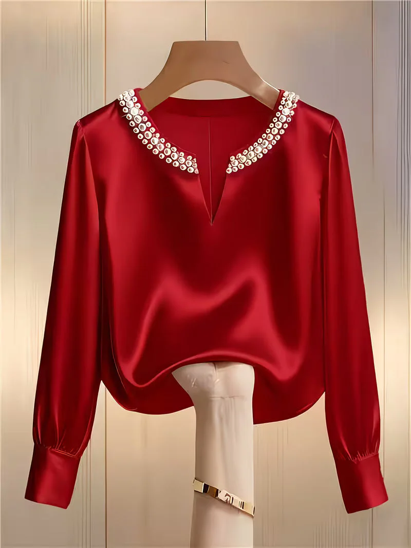 Avinaya - Elegante Camicia a Maniche Lunghe Con Collo Rotondo e Perle - Image 2