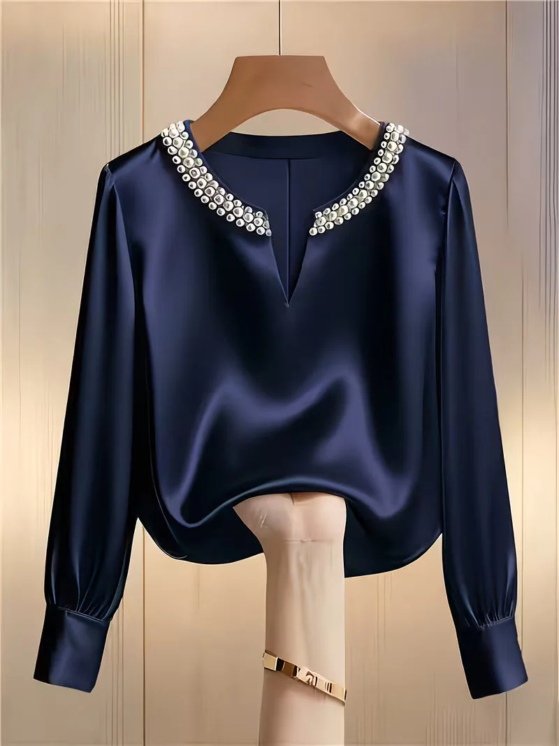Avinaya - Elegante Camicia a Maniche Lunghe Con Collo Rotondo e Perle - Image 3