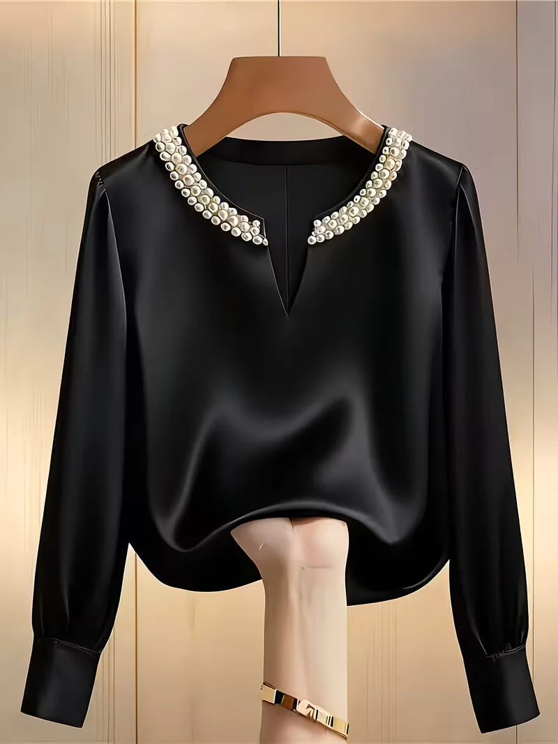 Avinaya - Elegante Camicia a Maniche Lunghe Con Collo Rotondo e Perle - Image 5