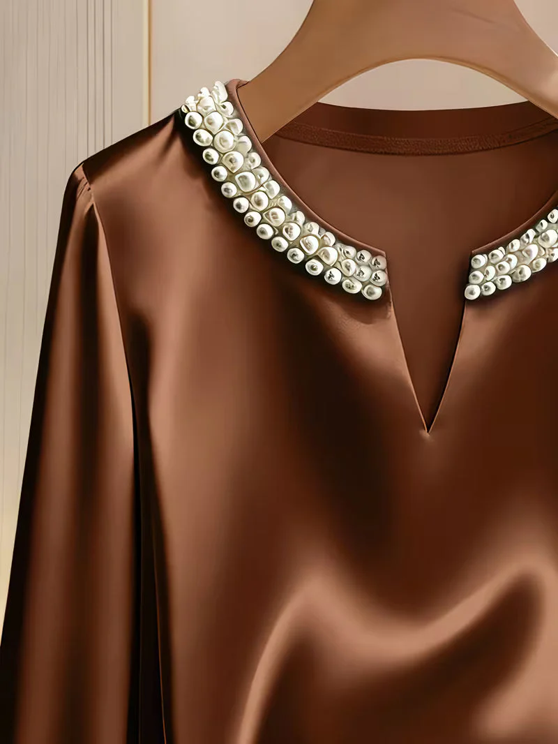 Avinaya - Elegante Camicia a Maniche Lunghe Con Collo Rotondo e Perle - Image 8