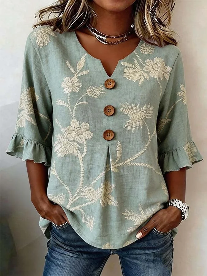 Bisila - Camicia Con Ricami Floreali e Maniche a Balze
