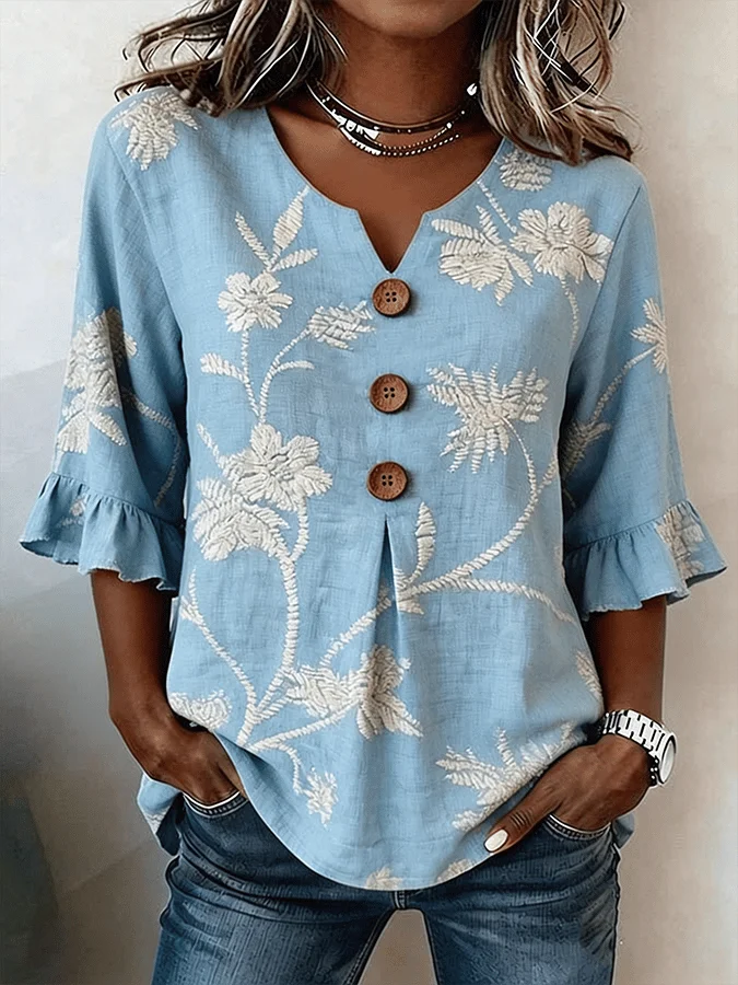Bisila - Camicia Con Ricami Floreali e Maniche a Balze - Image 2