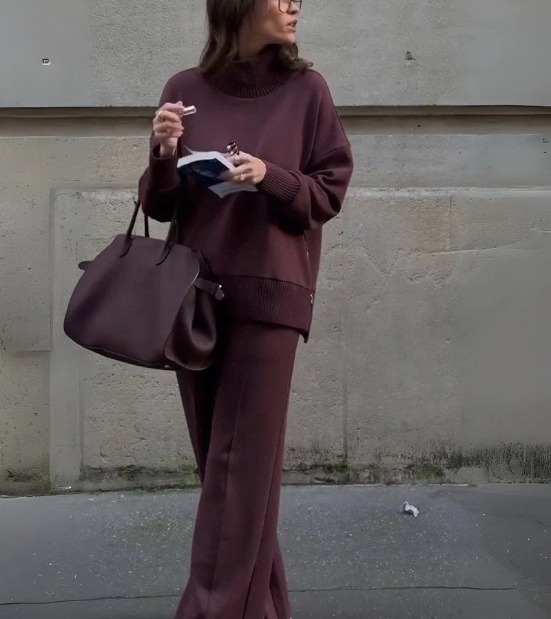 Blandine - Set Dovuto Pezzi Lavorato A Maglia Maglione A Collo Alto E Pantaloni A Gamba Larga