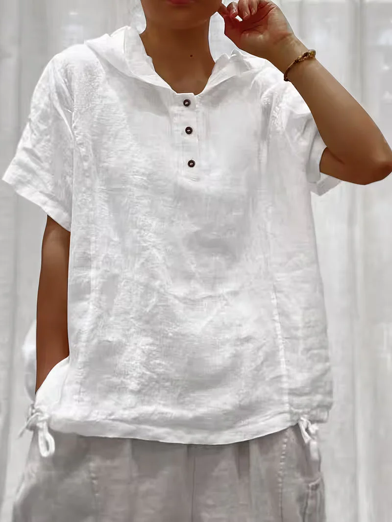 Bouchra - Camicia a Maniche Corte Con Cappuccio in Tinta Unita Dal Taglio Ampio Con Abbottonatura Frontale