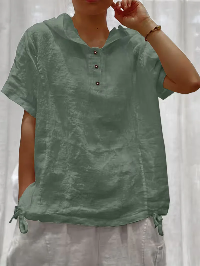 Bouchra - Camicia a Maniche Corte Con Cappuccio in Tinta Unita Dal Taglio Ampio Con Abbottonatura Frontale - Image 2