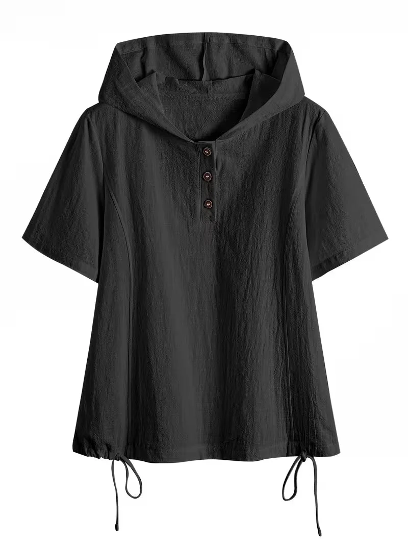 Bouchra - Camicia a Maniche Corte Con Cappuccio in Tinta Unita Dal Taglio Ampio Con Abbottonatura Frontale - Image 6