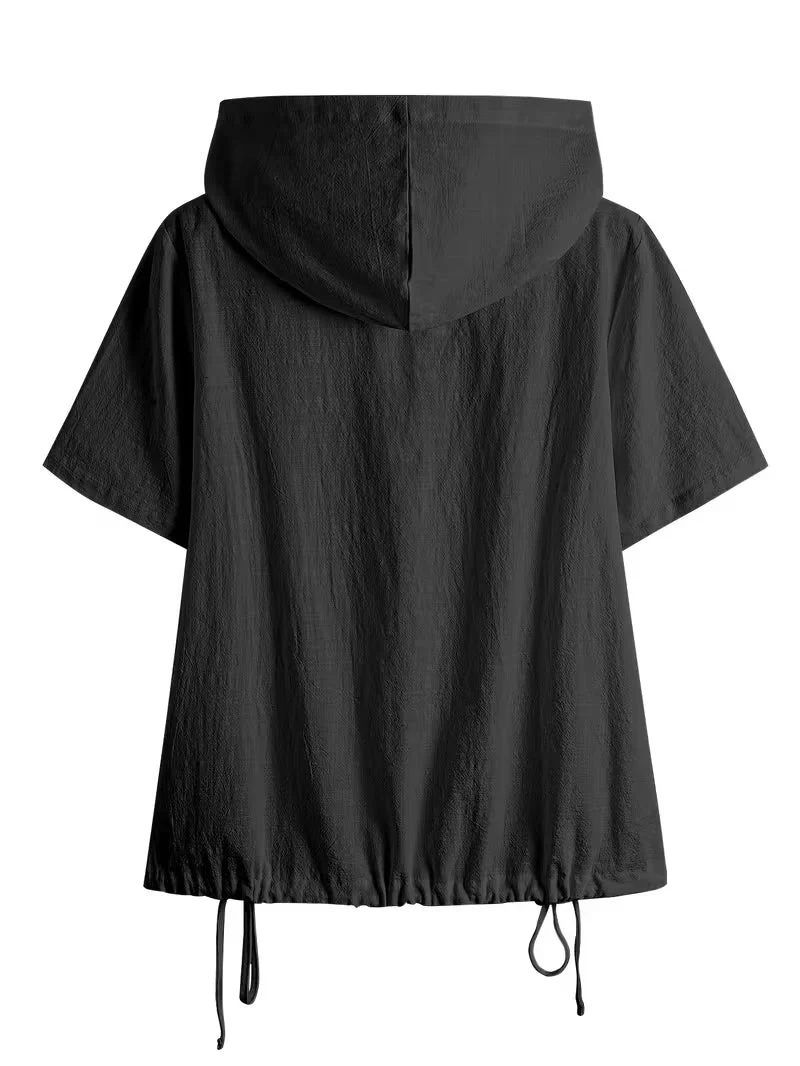 Bouchra - Camicia a Maniche Corte Con Cappuccio in Tinta Unita Dal Taglio Ampio Con Abbottonatura Frontale - Image 7