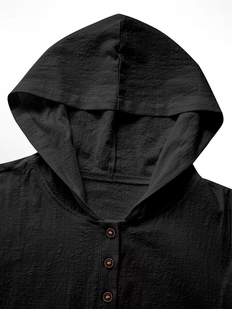 Bouchra - Camicia a Maniche Corte Con Cappuccio in Tinta Unita Dal Taglio Ampio Con Abbottonatura Frontale - Image 8
