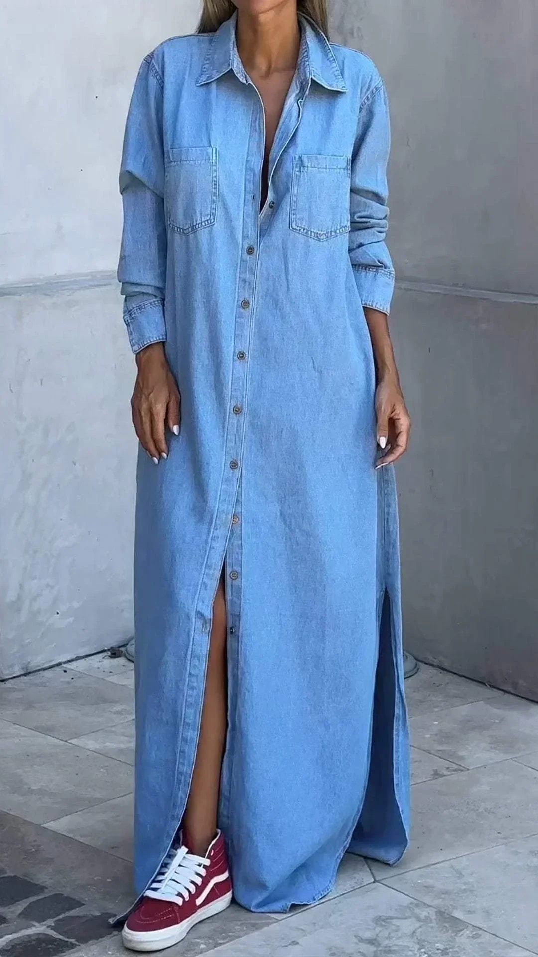 Chondona - Abito in Denim Con Maniche Lunghe E Risvolti