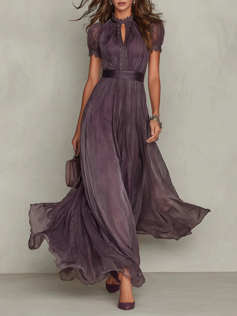 Cynthy - Abito Lungo Color Prugna Con Pizzo