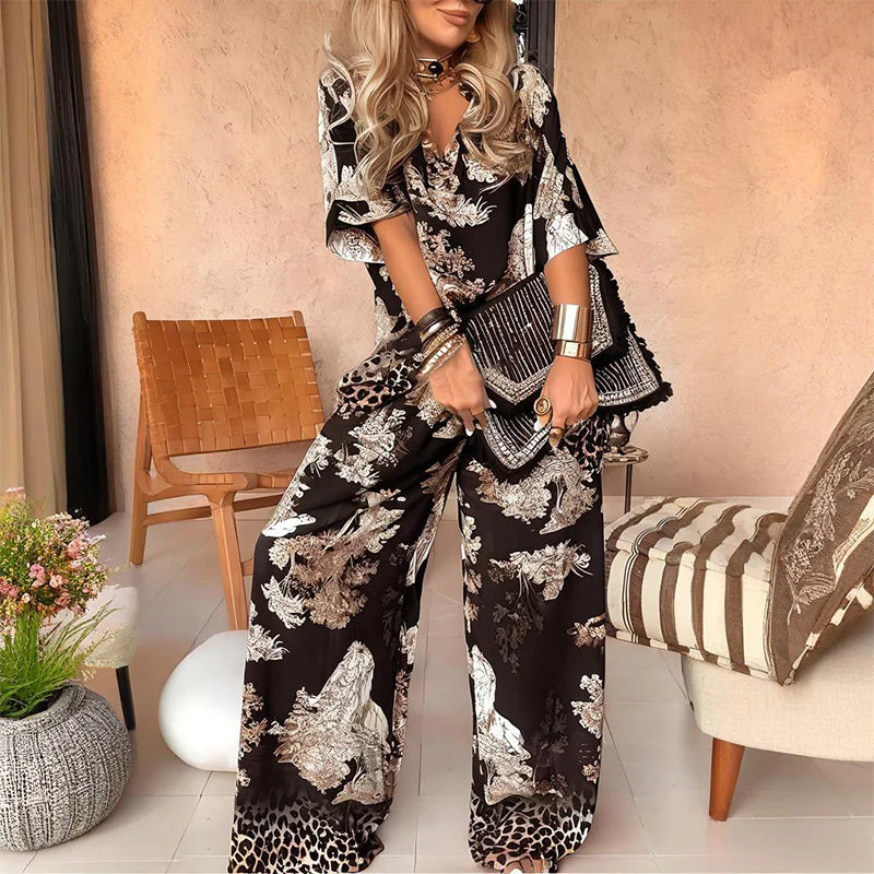 Dulcina - Top Stampato Con Scollo a V e Pantaloni Larghi Abbinati