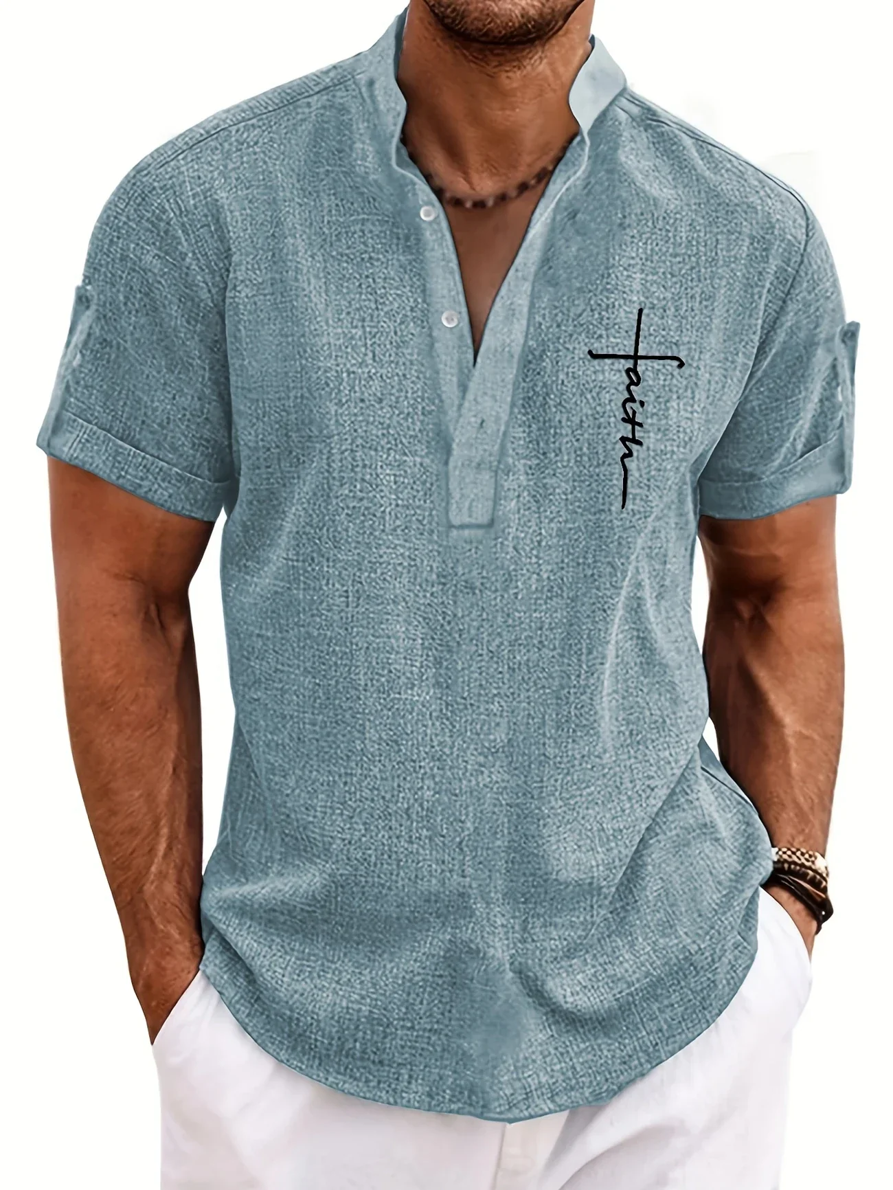 Elliott - Elegante Camicia a Maniche Corte Con Collo Alto - Image 6