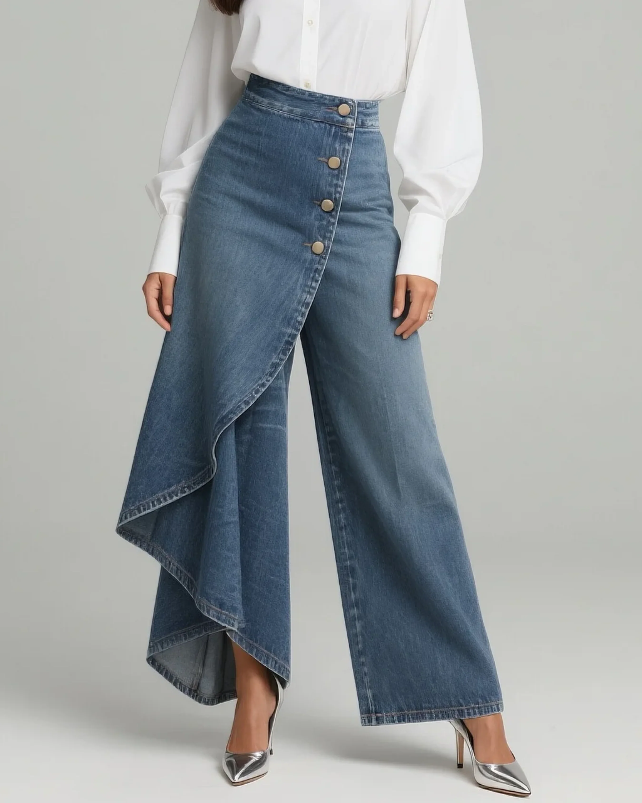 Elpida - Jeans a Gamba Larga Con Bottoni Sul Davanti e Rivestimento Avvolgente
