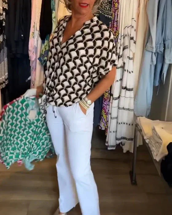 Emilya - Top Casual con Scollo a V e Stampa