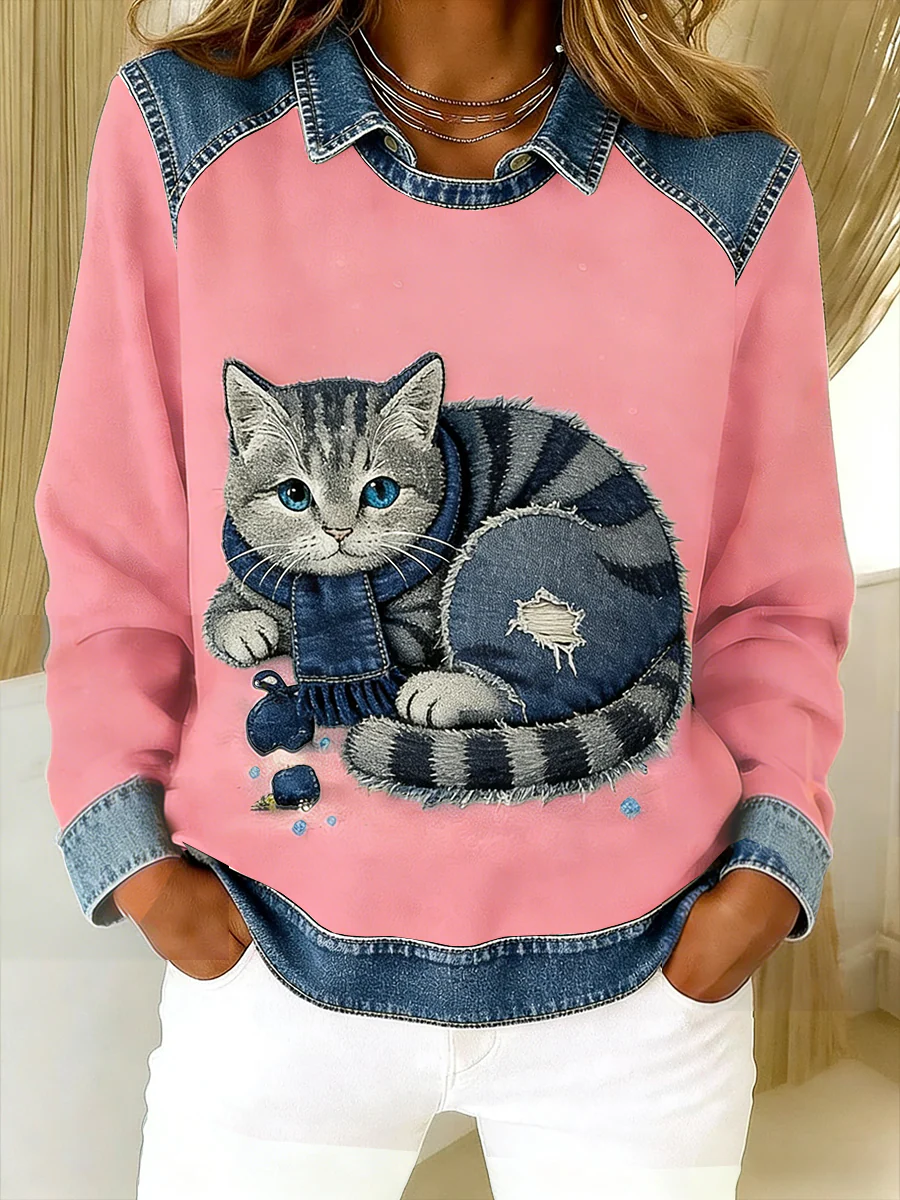 Eponin - Felpa patchwork in Denim Retrò Con Gatto - Image 6