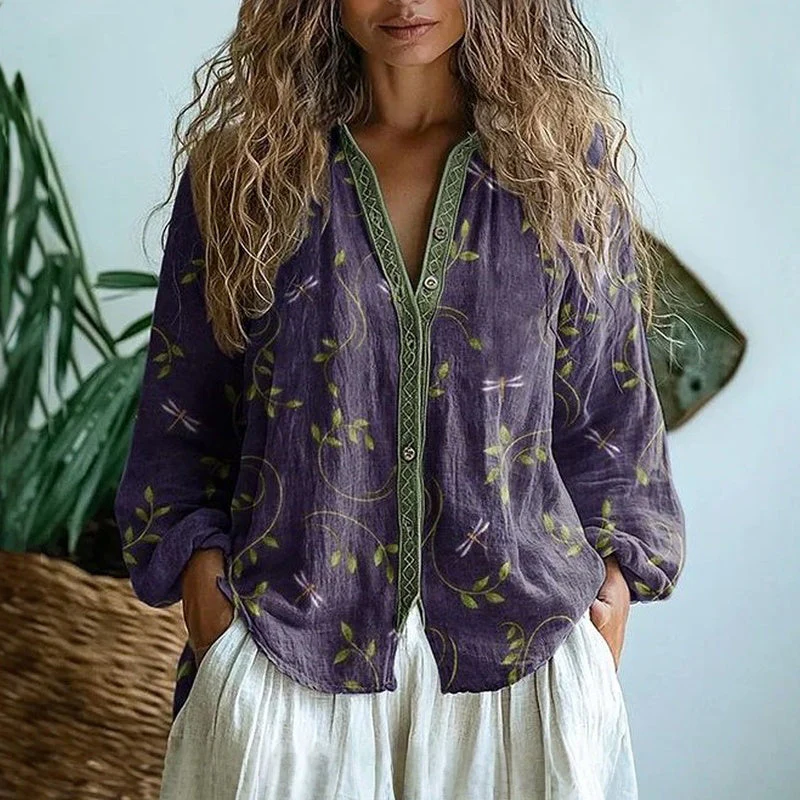Ereinaa - Elegante Camicia Vintage Con Stampa a Foglie