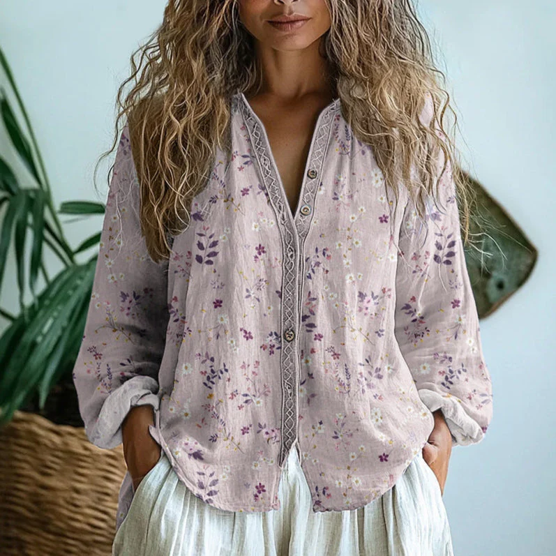 Ereinaa - Elegante Camicia Vintage Con Stampa a Foglie - Image 2