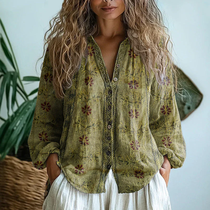 Ereinaa - Elegante Camicia Vintage Con Stampa a Foglie - Image 3
