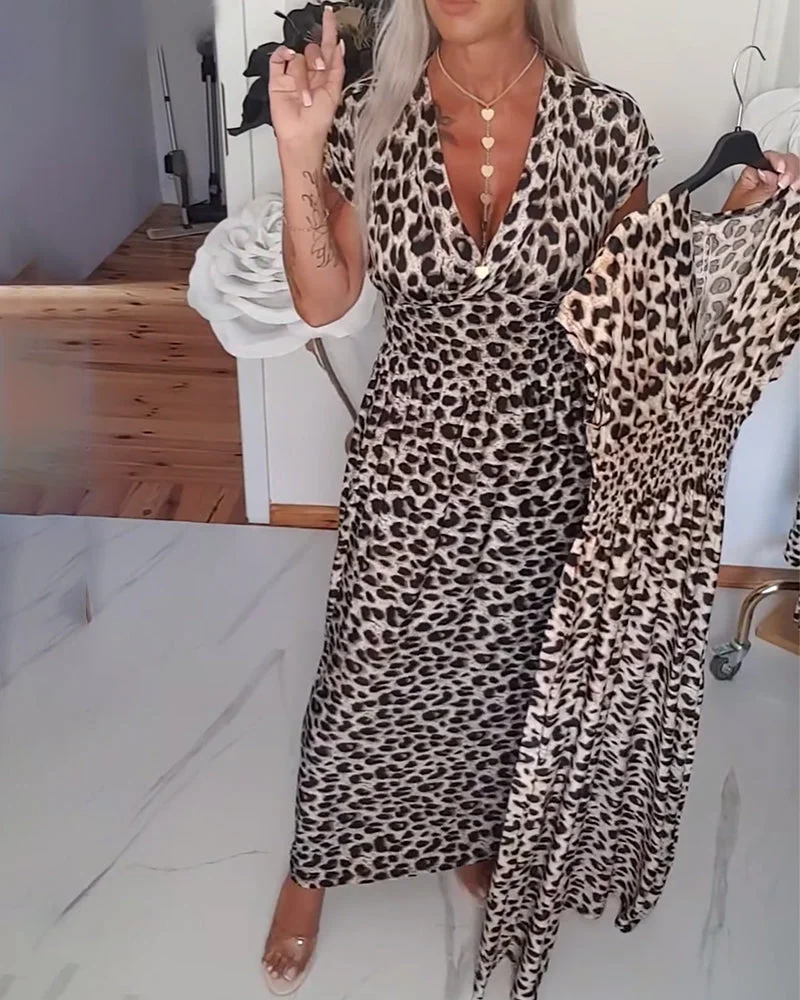 Erendira - Elegante Abito Con Scollo a V e Stampa Leopardata