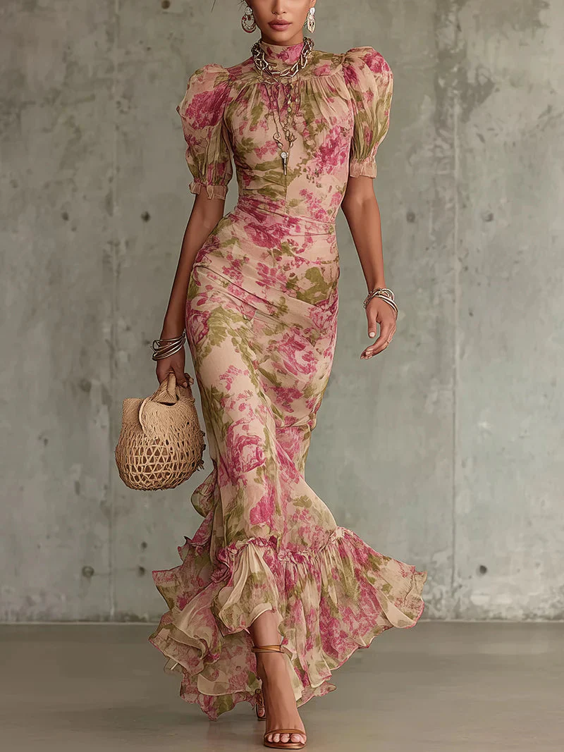 Erikka - Abito Floreale In Chiffon Con Orlo a Balze