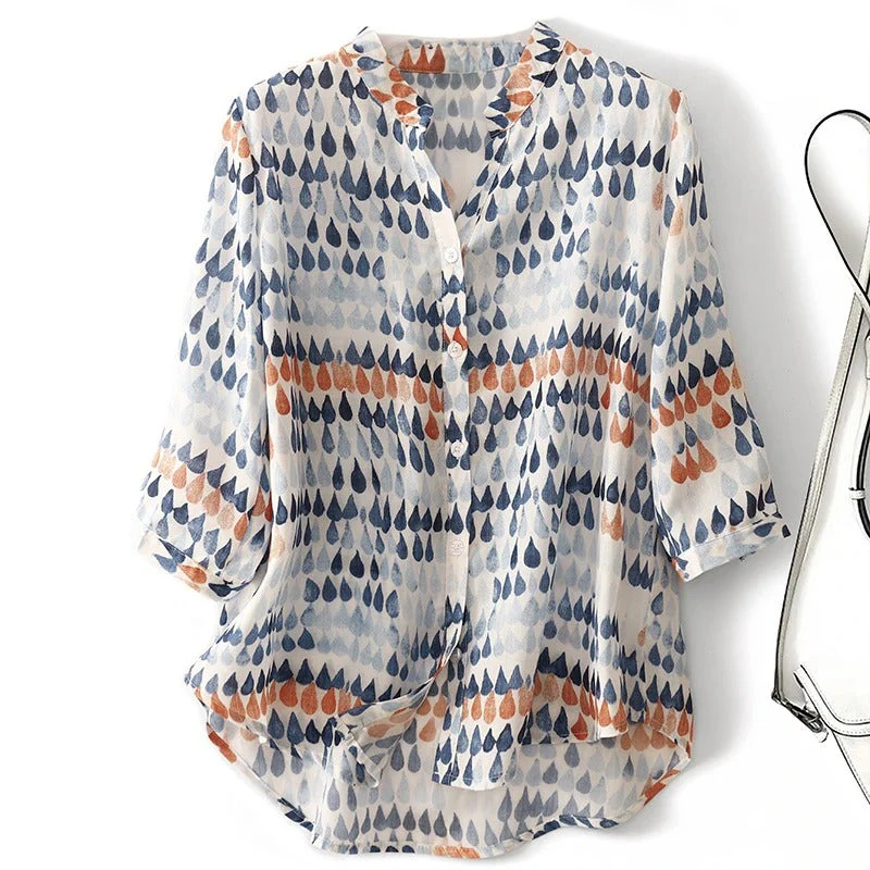 Fawna - Blusa Casuale Con Scollo a V e Chiffon Stampato