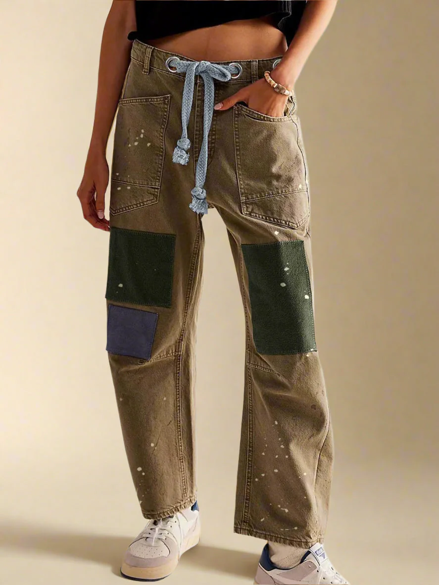 Felixa - Pantaloni in Denim Patchwork a Gamba Larga