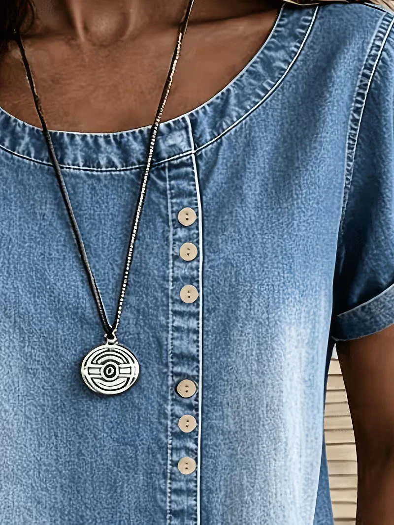 Ferina - Top in Denim a Maniche Corte Effetto Consumato - Image 11
