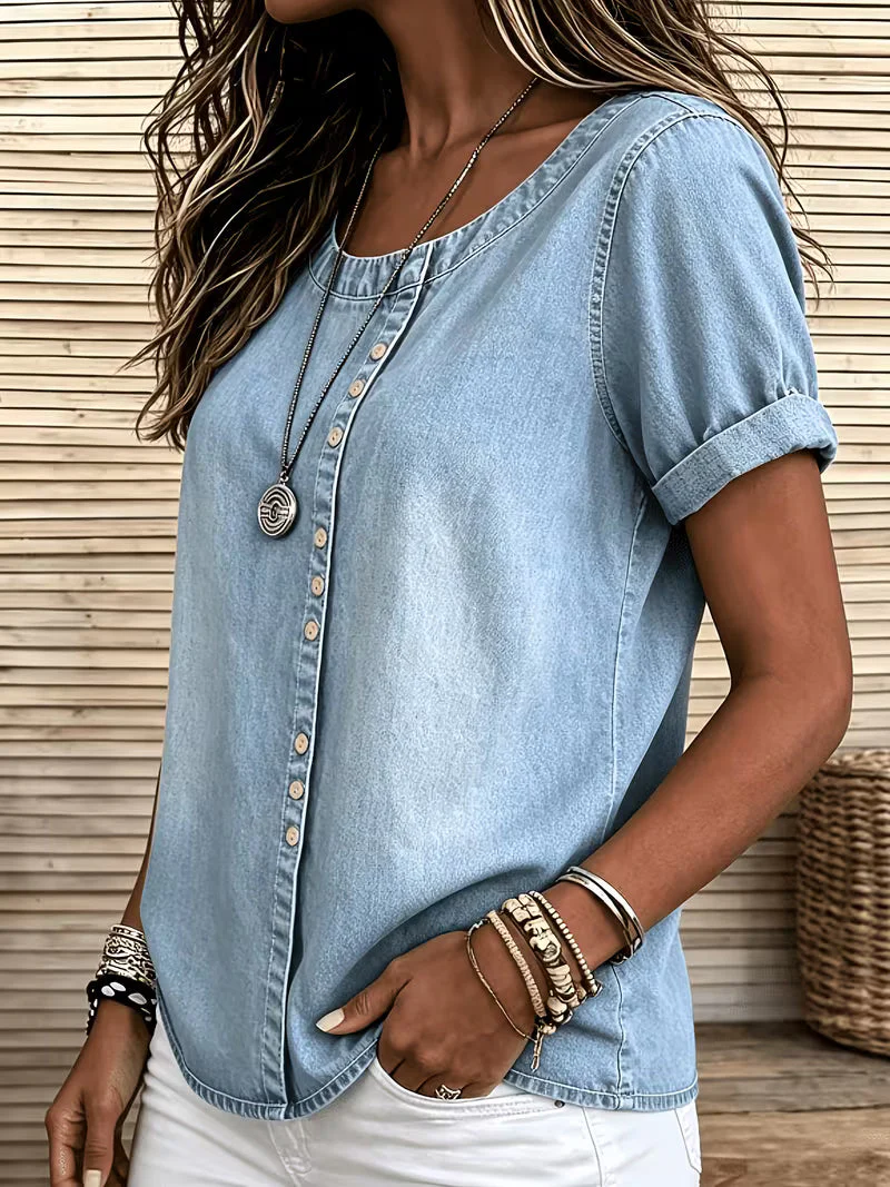 Ferina - Top in Denim a Maniche Corte Effetto Consumato - Image 6