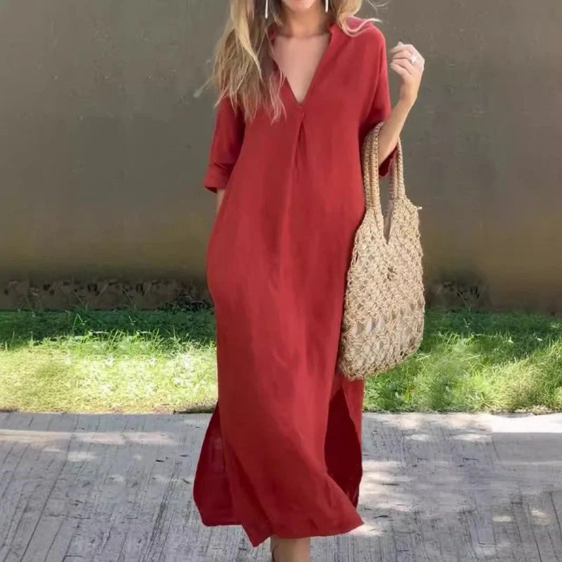 Fionja - Abito In Lino Stile Casuale Con Scollo a V
