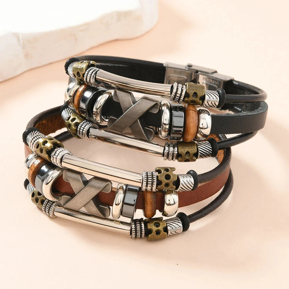 Garland - Bracciale a Polsino in Pelle a Strati con Croci - Image 4