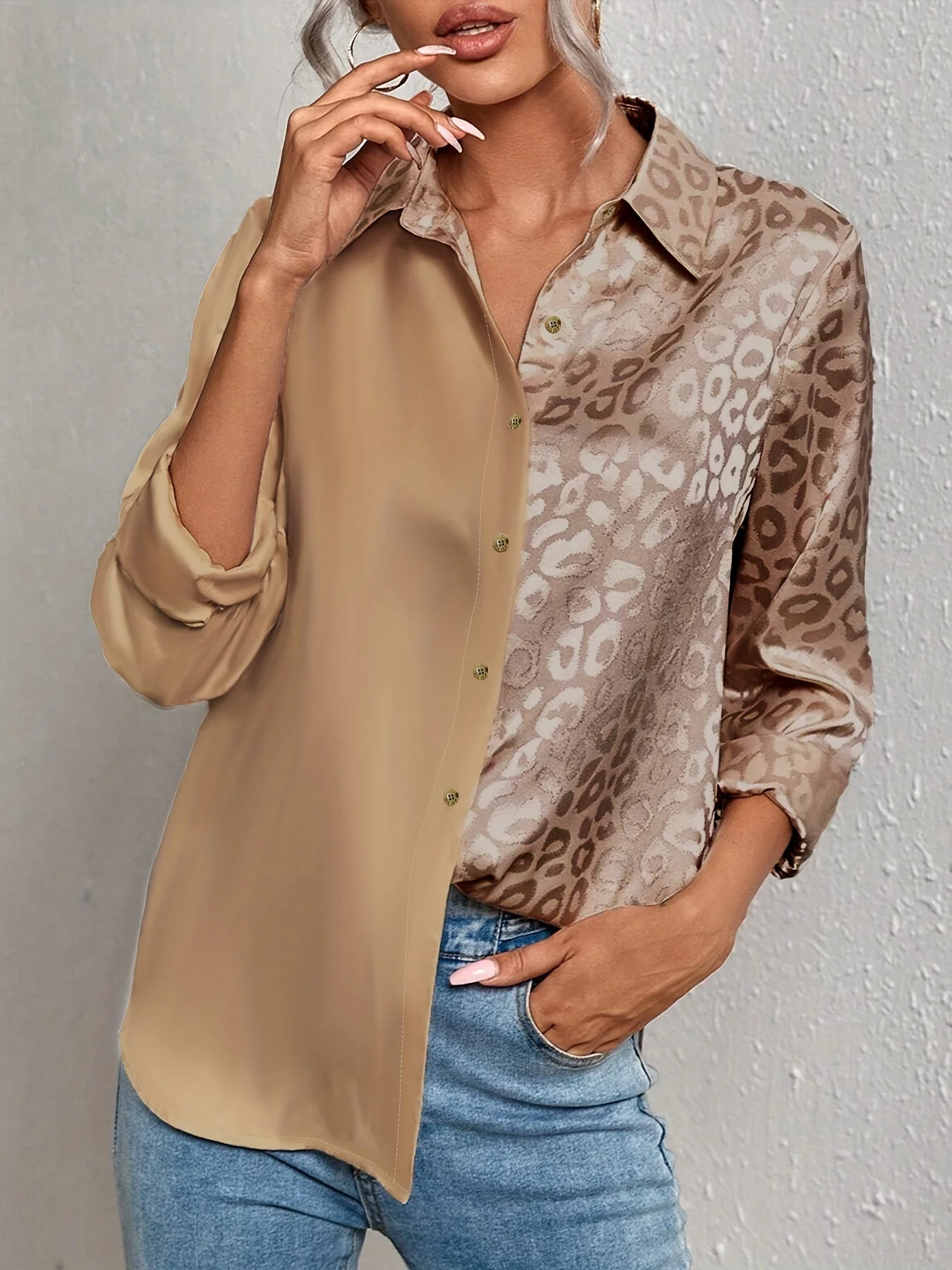 Gwendolyn - Camicia Con Bottoni In Raso Bicolore Con Stampa Leopardata Jacquard - Image 2