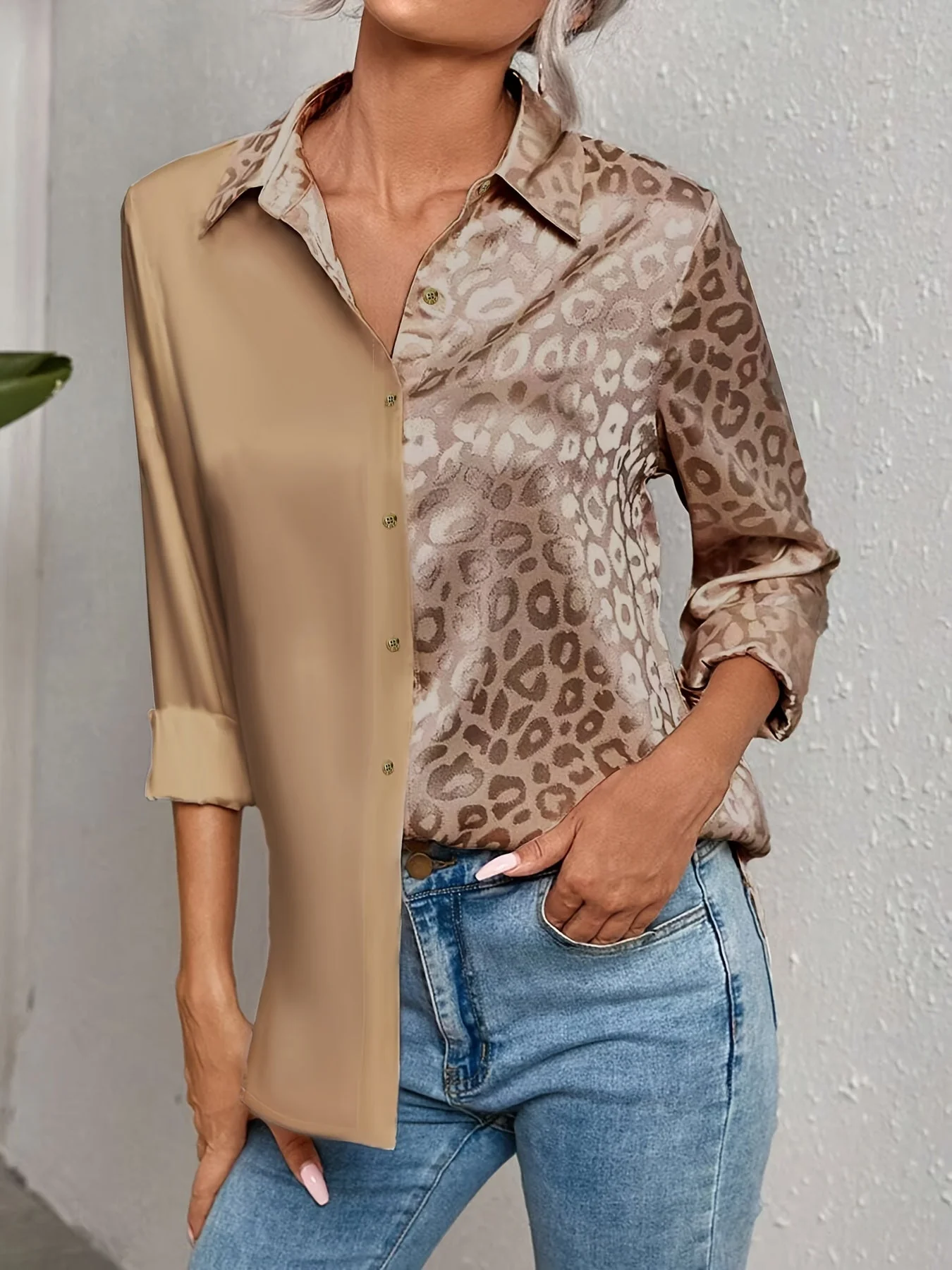 Gwendolyn - Camicia Con Bottoni In Raso Bicolore Con Stampa Leopardata Jacquard - Image 7