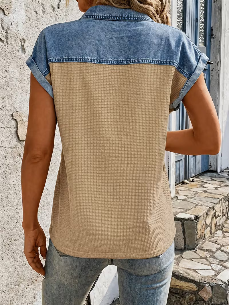 Haily - Top Casual in Denim Con Colletto Patchwork e Maniche Corte - Image 10