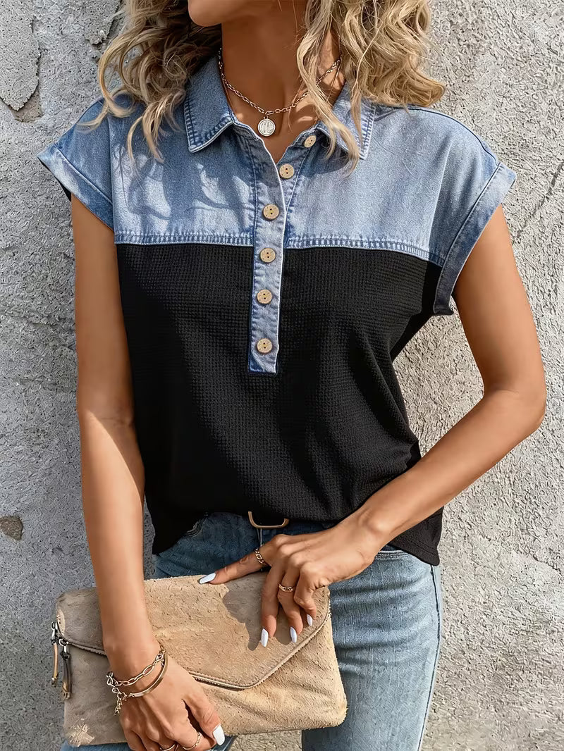Haily - Top Casual in Denim Con Colletto Patchwork e Maniche Corte - Image 11