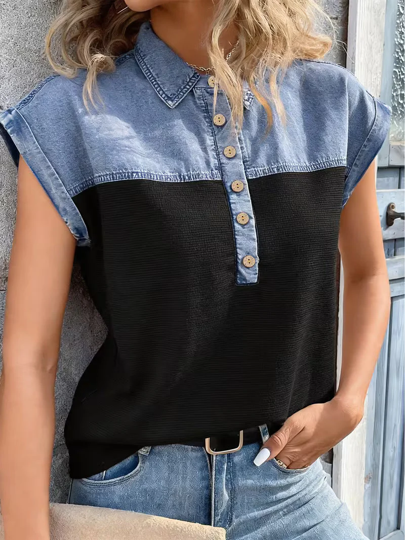 Haily - Top Casual in Denim Con Colletto Patchwork e Maniche Corte - Image 12