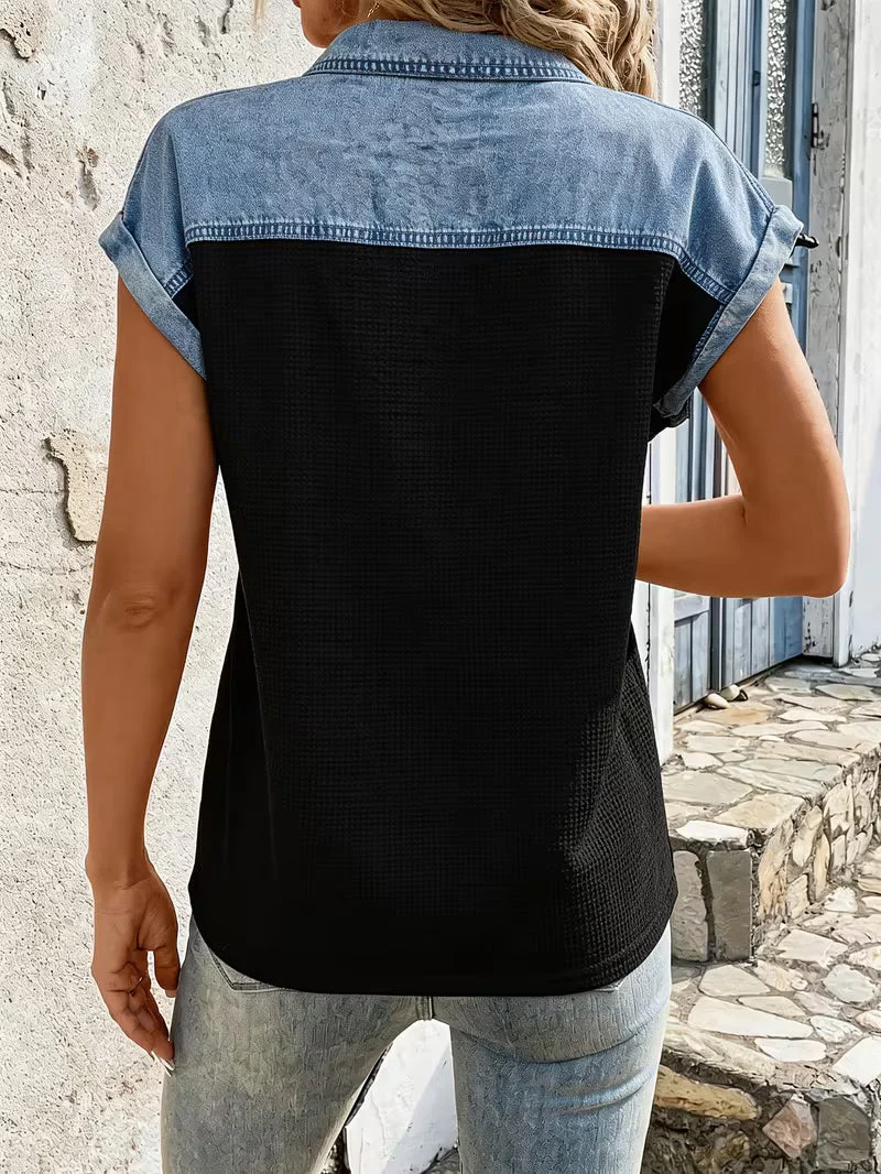 Haily - Top Casual in Denim Con Colletto Patchwork e Maniche Corte - Image 14