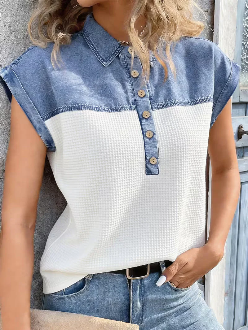 Haily - Top Casual in Denim Con Colletto Patchwork e Maniche Corte - Image 4