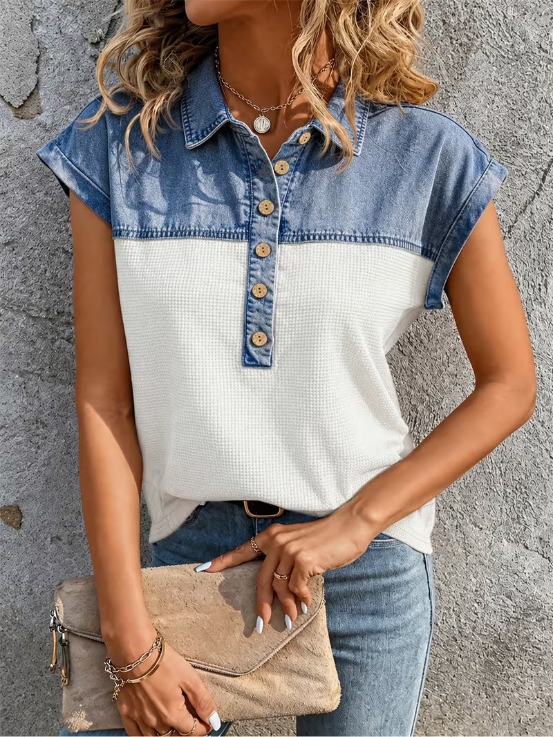 Haily - Top Casual in Denim Con Colletto Patchwork e Maniche Corte - Image 5
