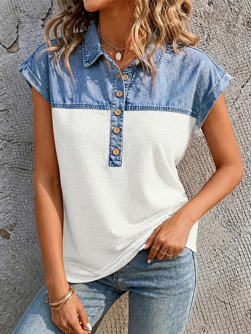 Haily - Top Casual in Denim Con Colletto Patchwork e Maniche Corte - Image 6