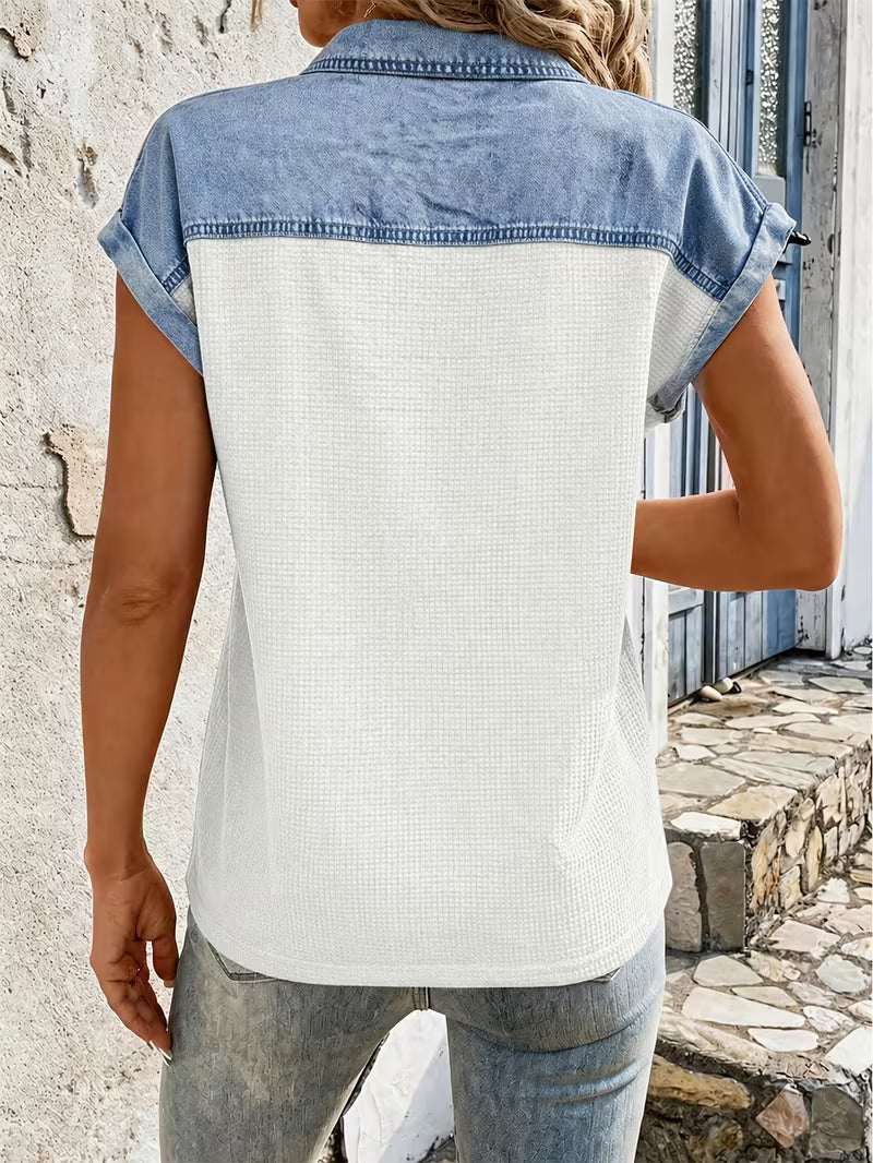 Haily - Top Casual in Denim Con Colletto Patchwork e Maniche Corte - Image 7