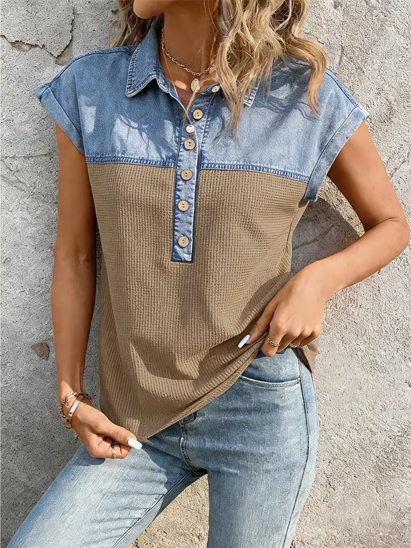 Haily - Top Casual in Denim Con Colletto Patchwork e Maniche Corte - Image 8