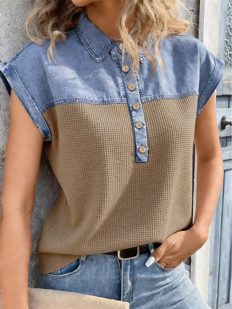 Haily - Top Casual in Denim Con Colletto Patchwork e Maniche Corte - Image 9
