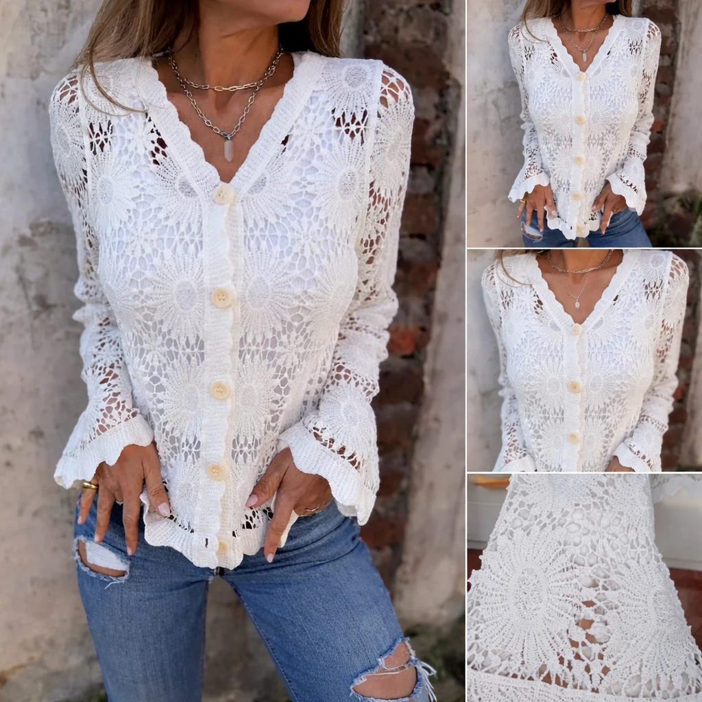 Imalka - Top a Maniche Lunghe Con Scollo a V in Pizzo - Image 4
