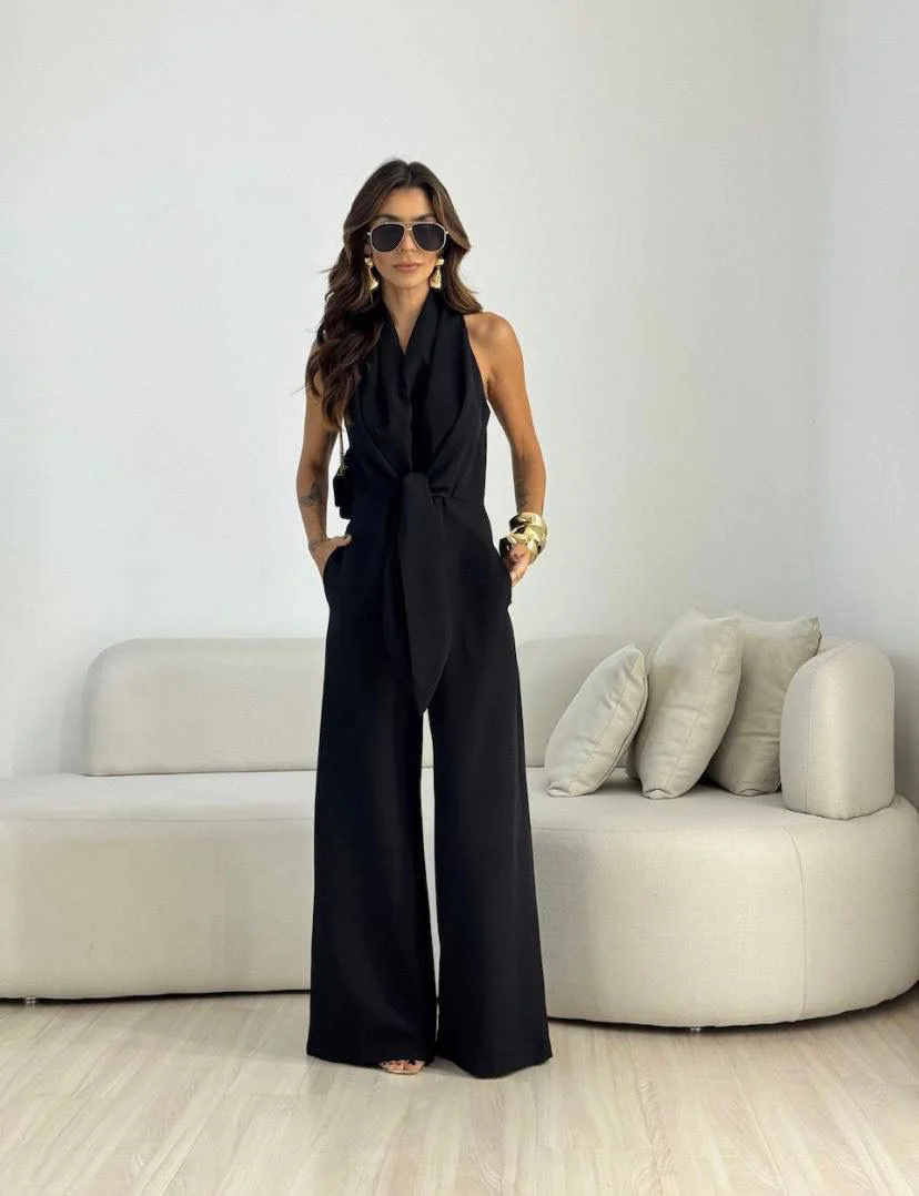 Kamwi - Tuta Elegante Con Scollo Drappeggiato E Pantaloni a Gamba Larga - Image 2