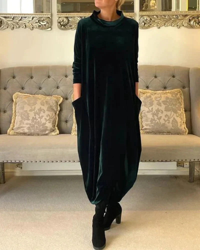 Layeena - Elegante Abito Lungo In Velluto Con Tasche